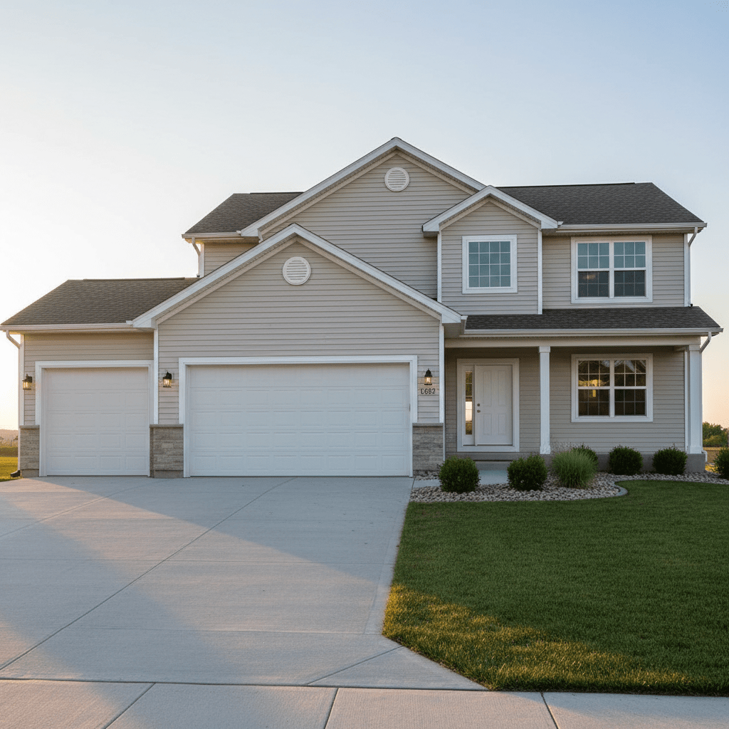 A bright, high-resolution exterior shot of a well-maintained single-family home typical of Sioux Falls and surrounding South Dakota communities, with clean vinyl siding, a three-stall garage, and a neatly edged lawn. A freshly poured concrete driveway leads toward the foreground, flanked by simple landscaping with river rock and low shrubs. Captured during golden hour, warm sunlight bathes the front façade, emphasizing textures in the siding and shingles while casting long, soft shadows across the yard. The sky is clear with a gentle gradient from pale blue to warm orange near the horizon. Framed from a slightly elevated angle with photographic realism and crisp detail, the mood is optimistic and welcoming, perfectly suited for a featured property listing hero image.