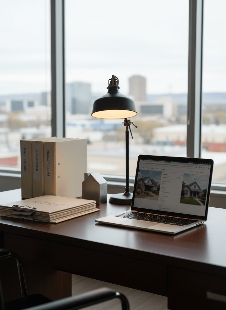 A polished, professional REALTOR® workspace scene without people, showing a sleek dark wood desk with a thin modern laptop displaying an out-of-focus home search interface, a stack of neatly arranged property folders, and a small metal house-shaped décor piece. Behind the desk, large windows reveal a blurred cityscape hinting at Sioux Falls’ modest skyline. Soft, diffused daylight fills the room, supplemented by a warm desk lamp that creates a gentle pool of light on the work surface. Shot from a three-quarter angle with shallow depth of field, the focus rests on the desk and real estate elements, while the background softly recedes. The atmosphere is organized, professional, and tech-savvy, reflecting a fast, modern, SEO-focused real estate brand in photographic realism.