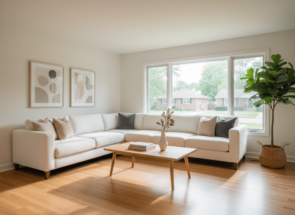 A clean, modern living room interior staged for a real estate listing, featuring a neutral-toned sectional sofa with crisp upholstery, a light oak coffee table, and a large picture window revealing a soft-focus Midwestern neighborhood street. The walls are a warm white, with minimal, tasteful décor and a hint of greenery from a potted plant. Soft afternoon natural light floods the room, creating gentle highlights on the hardwood floor and subtle shadows under the furniture. Photographed at eye level with a wide-angle lens and sharp focus throughout, the composition feels spacious, inviting, and uncluttered. The photographic realism and balanced, professional framing evoke a high-end, SEO-ready property photo ideal for a modern REALTOR® website.